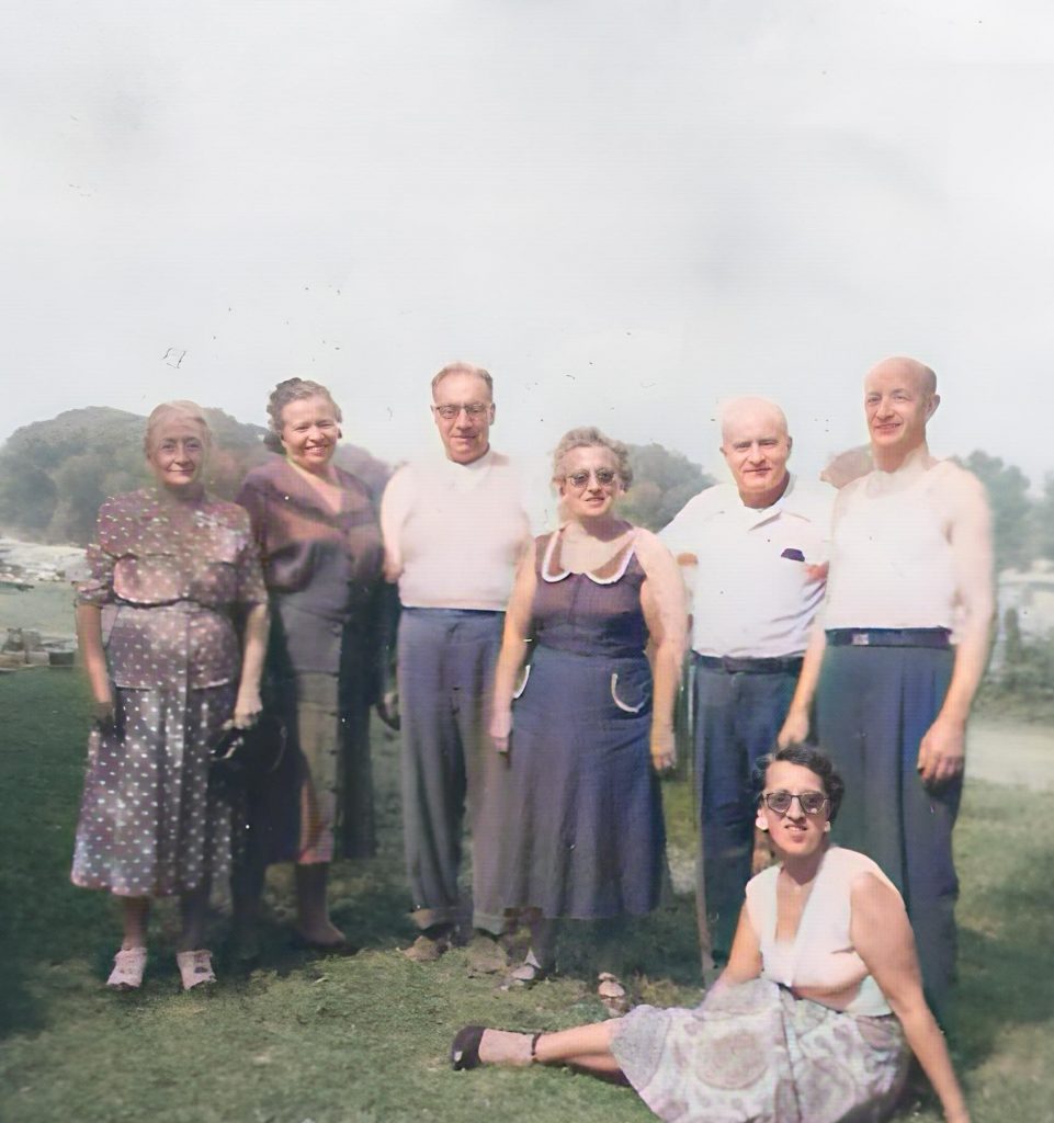 2 Picnic Day, left, Vincenza Nannariello, Vincenza daughter, not identified man, Mary Fusillo, not identified man, Charlie Nannariello, on ground Angie Nannariello, White Plains, New York